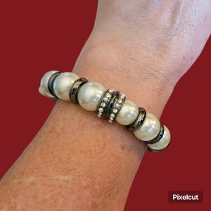 Vtg Chunky Gunmetal Glass Pearl Beaded Stretch Bracelet